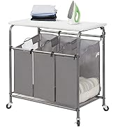 STORAGE MANIAC 3-Section Laundry Sorter with Foldable Ironing Board, Heavy-Duty Rolling Laundry C...