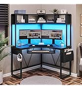 SEDETA Corner Desk, Small Computer Desk with Hutch &amp; LED Lights, Triangle Corner Computer Desk wi...