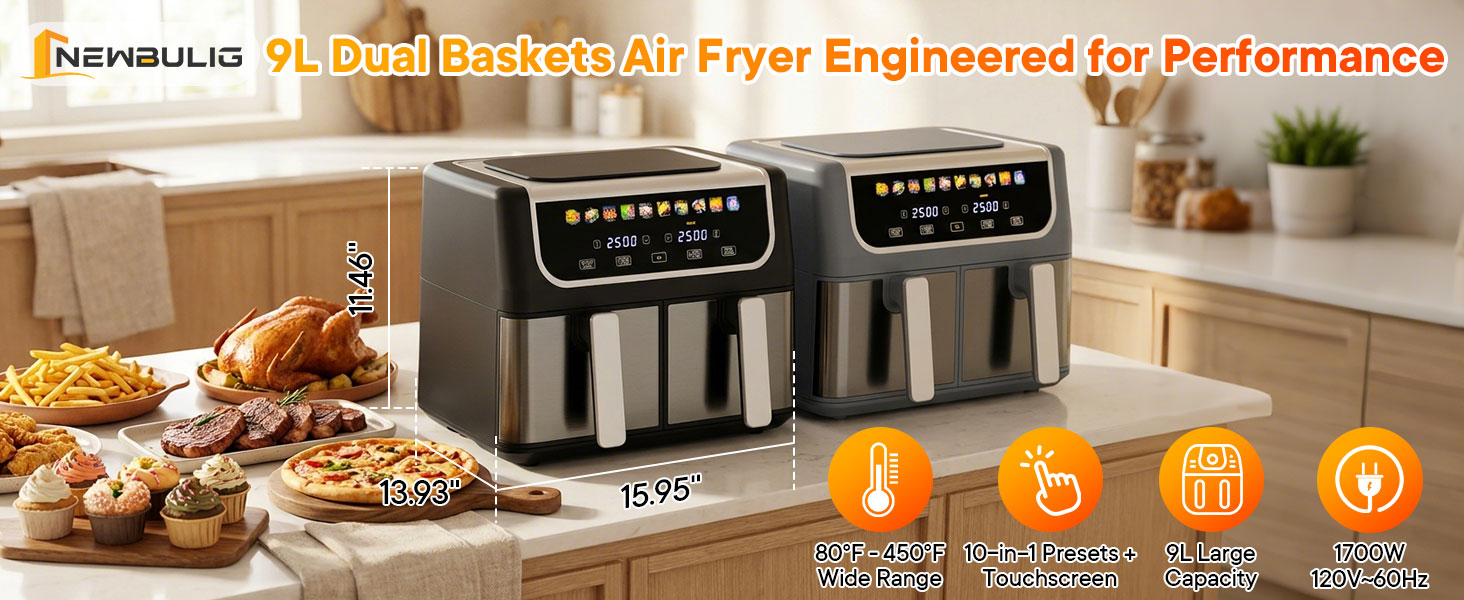 NEWBULIG 9L Dual Zone Air Fryer