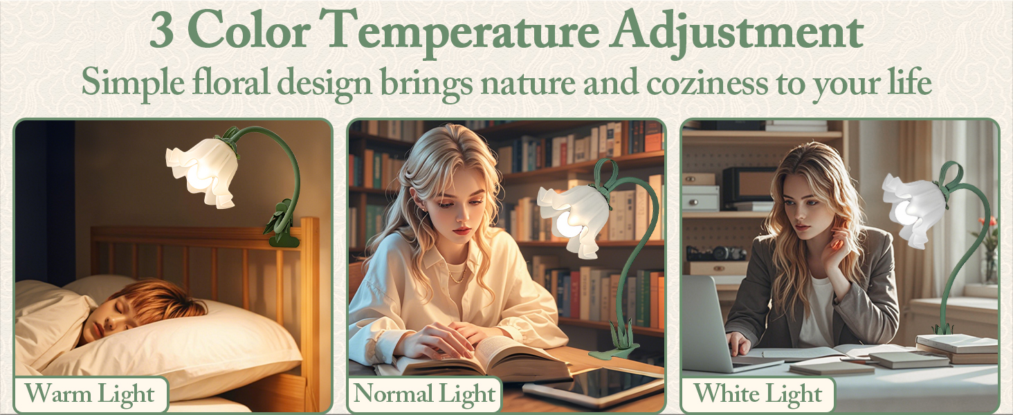 This vintage flower clip on light has 3 color modes (warm light, normal light, cool light).