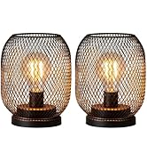 DECORKEY Set of 2 Battery Operated Lamp LED Table Lantern, Metal Cage Cordless Lamps with LED Bul...