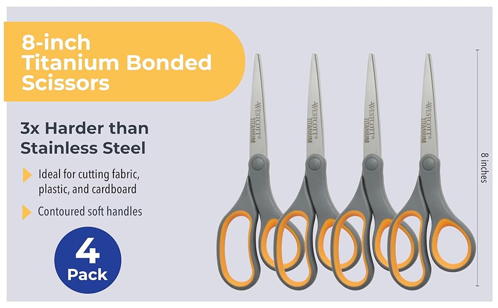 Image of four pack of scissors with text reading 8 inch titanium bonded scissors.