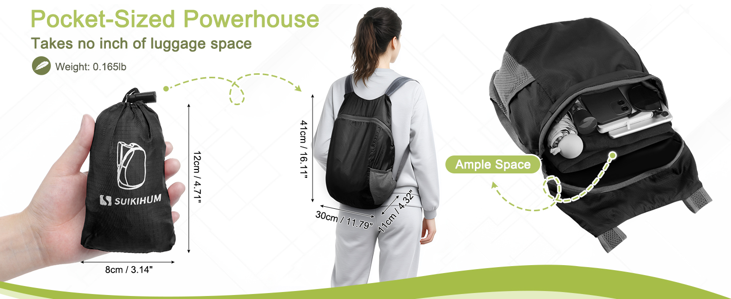 SUIKIHUM backpack: compact size, ample space, lightweight (0.165lb).
