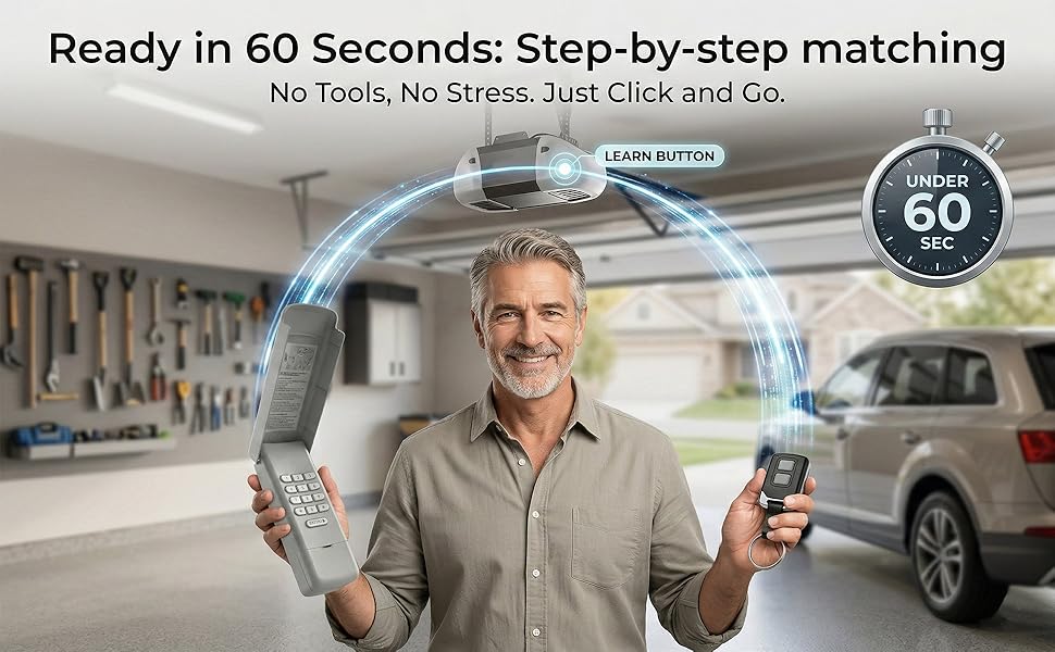 Universal garage door remote and keypad set ready to pair with opener in under 60 seconds