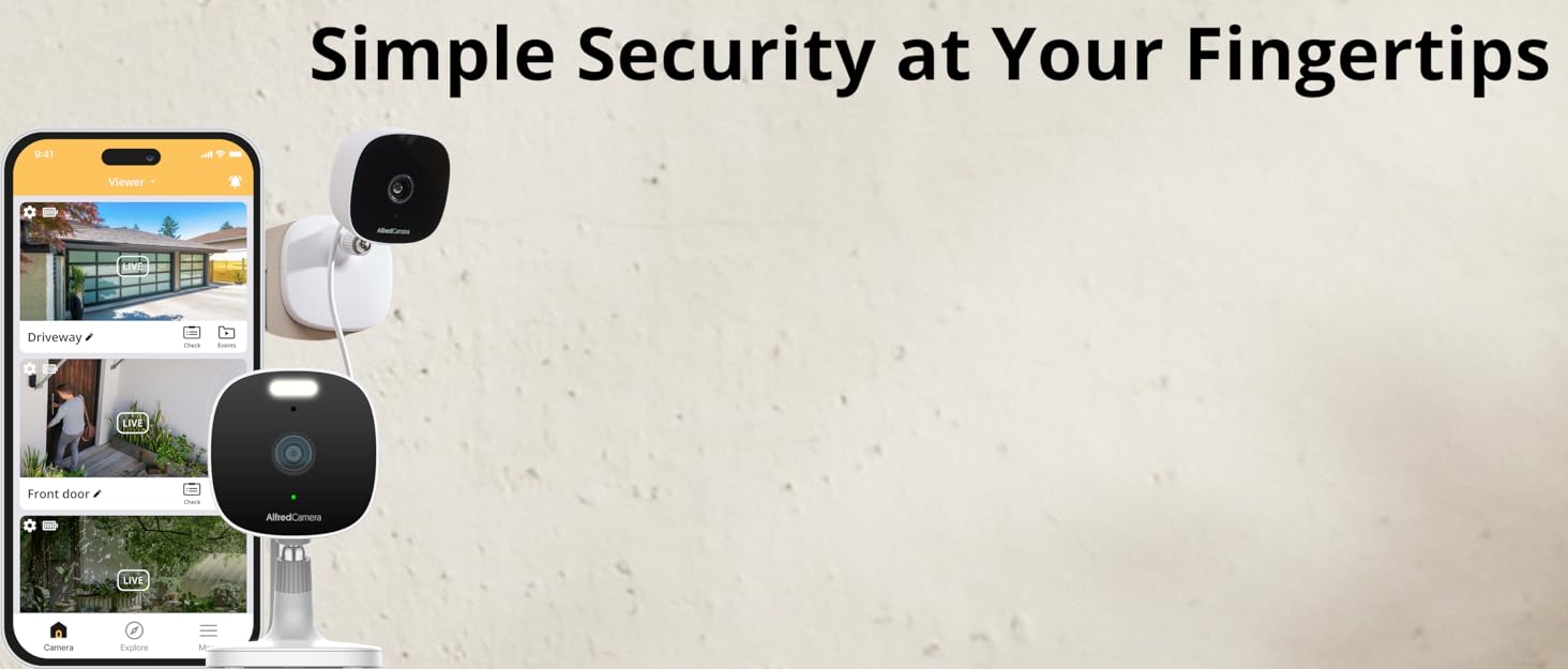 AlfredCam brand banner highlighting security cameras, app features, and logo.