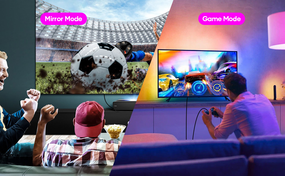 Split-screen gaming setup showing Mirror Mode and Game Mode options, with TV displaying sports and gaming content