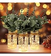 Lighted Mason Jar Centerpiece Set of 3 Eucalyptus Plant Decorative Jars Vase Farmhouse Table Deco...