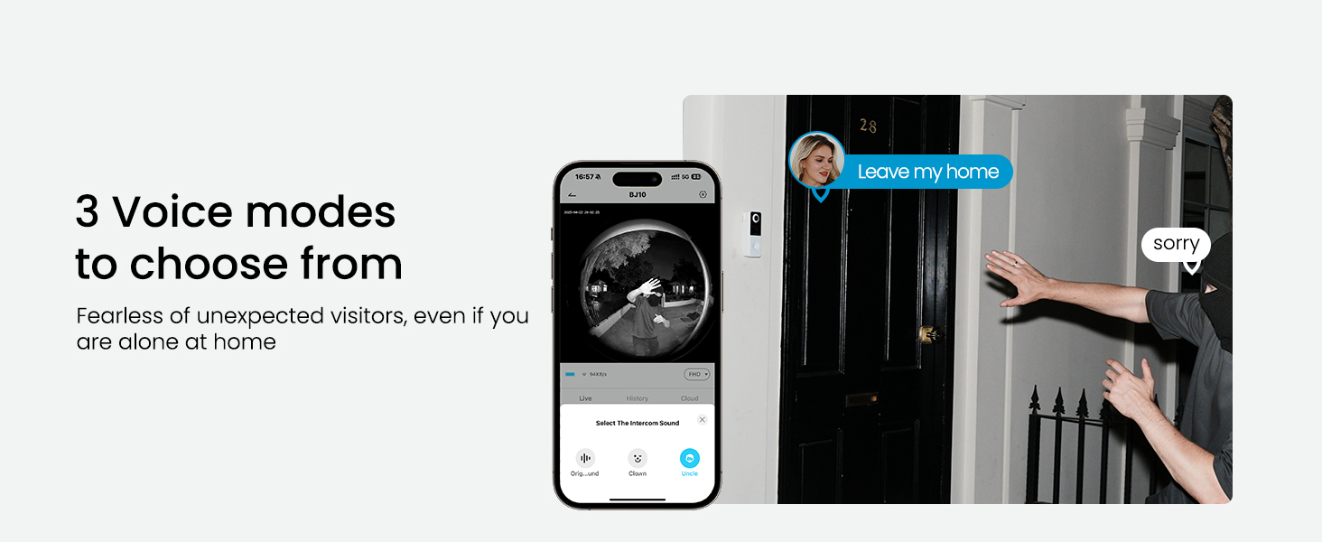 Protect your privacy with fun voice-changing effects—when home alone answering the door.