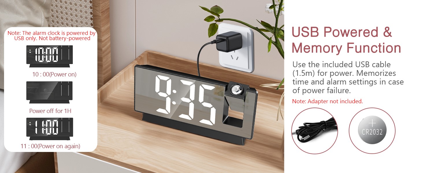 Projection Alarm Clock, 7.8" Mirror Digital Clock
