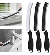 Set of curved cleaning tools with black handles, shown in white and black variations, displayed alongside sink and window cleaning demonstration images.