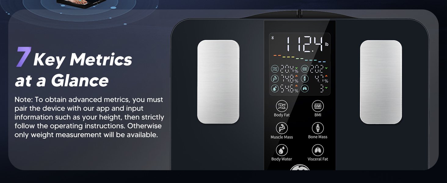 7 Measurements on the Display smart scale with bmi body fat muscle mass