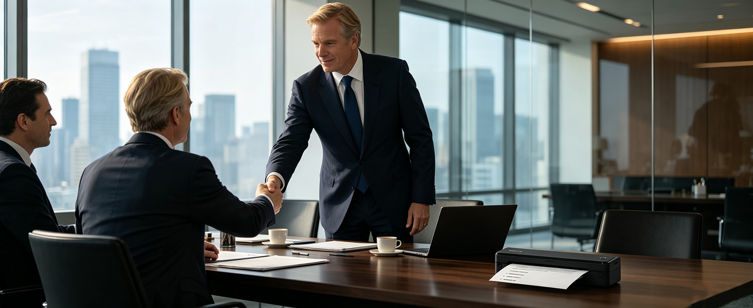 Business professionals use the A8 portable document printer for contracts, reports in an office