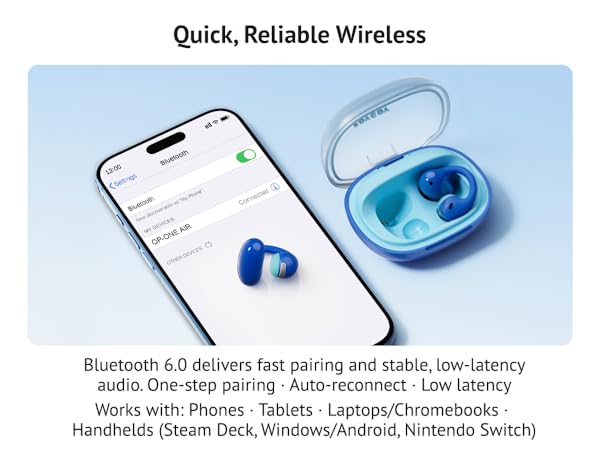 Bluetooth 6.0 features showing fast pairing with phone tablet and Switch.