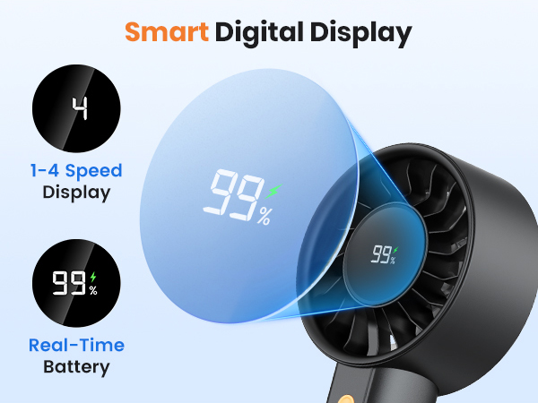 Warmco Handheld Fan Smart Digital Display LED Screen Real-Time Battery Life &amp;amp; 4 Speed Levels