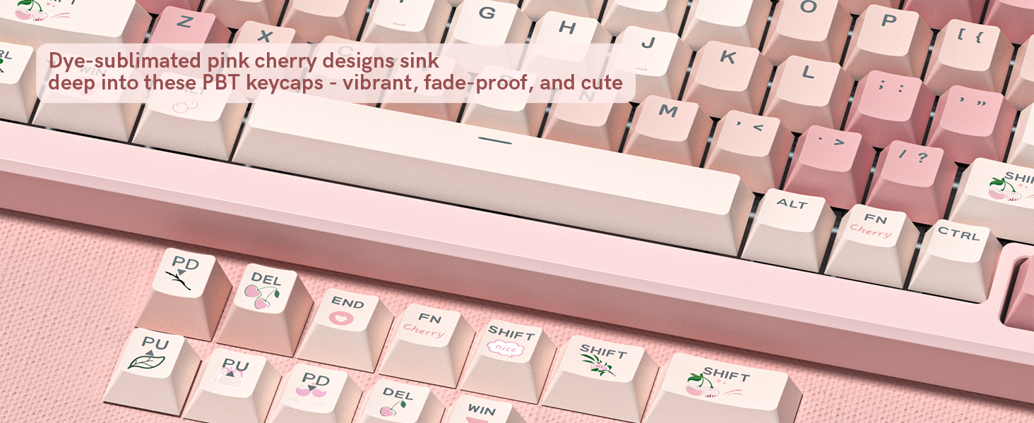 Dye-sublimated pink cherry designs sink deep into these PBT keycaps -vibrant, fade-proof, and cute