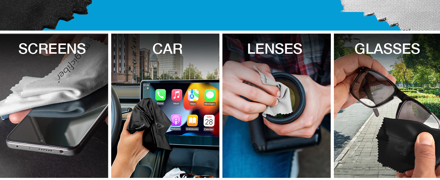 Use on screens. In the car. On camera lenses and on sunglasses or reading glasses.