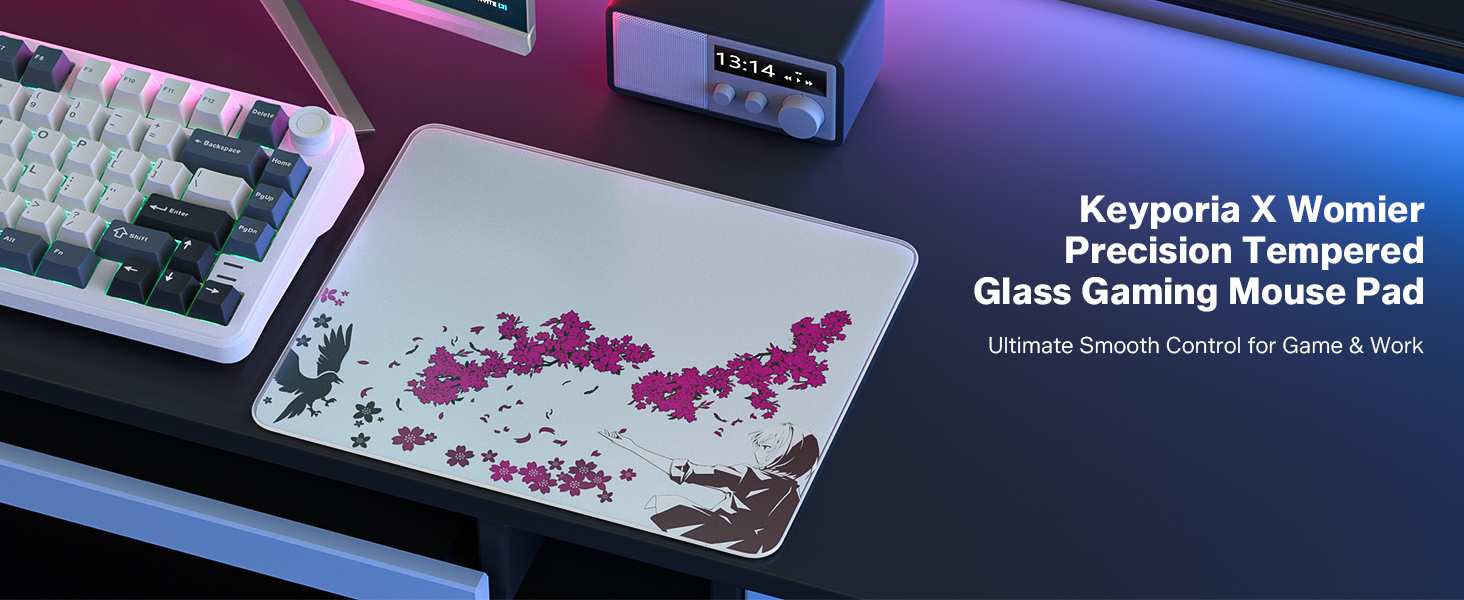 Anime cherry blossom tempered glass gaming mouse pad on desk