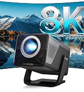 Text reads '8K Support'. Marketing image showing a compact projector device against dramatic mountain lake backdrop with large '8K' text overlay.