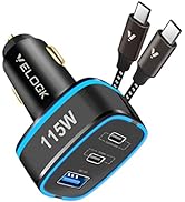 115W USB C Car Charger, VELOGK 3-Port [PPS&amp;PD&amp;QC3.0] 65W 45W 30W Super Fast Type C Car Charger Ad...
