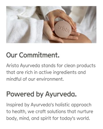 Hands holding a round, beige soap bar with 'arista' engraved. Text describes Arista Ayurveda's commitment to clean, active ingredient-rich products inspired by Ayurveda's holistic approach.