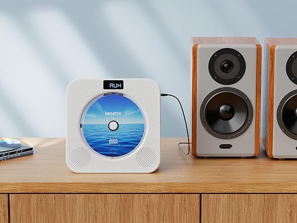 MEGATEK CP28BR Portable CD Player with Line Out Jack is Connected with a Powered Speaker System