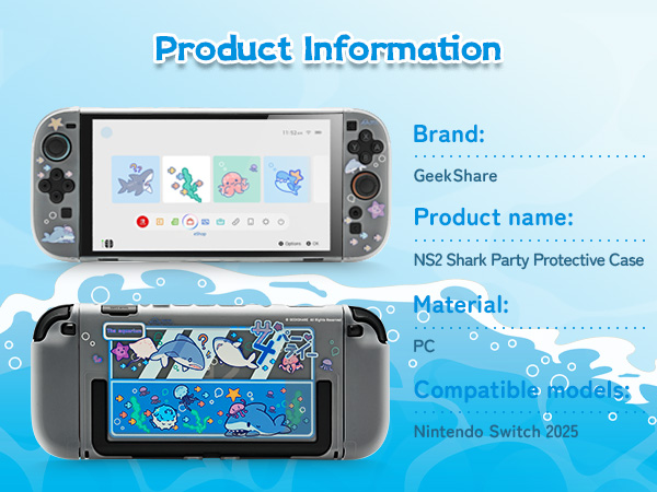 Text reads 'Product Information', 'Brand: GeekShare', 'Product name:', 'Material:'. Gaming device case product specifications page with blue-tinted design.