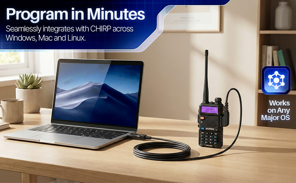 Laptop beside radio with cable connected, highlighting Baofeng chirp cable and Chirp programming