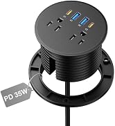 3 inch Desk Power Grommet Outlet USB C PD 35W, 2 USB-A 18W, Black 6 FT Cord | 2 AC Outlets, 2 USB...