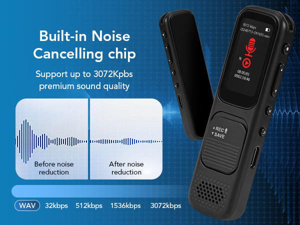 3072Kpbs HD Dual Microphone Tape Voice Recorder with Noise Reduction