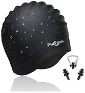 PHELRENA Swimming Cap Waterproof Premium Silicone Solid Long Hair Earmuffs Swim Cap Flexible Reve...