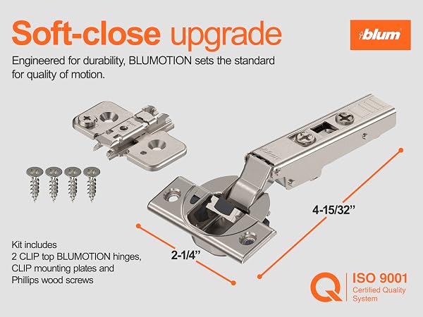  A close-up of a door hinge with measurements. Text reads: Soft-close upgrade.