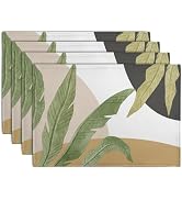 Wnoesat Tropical Palm Leaf Linen Placemats Set of 4 Summer Green Banana Leaves Themed Kitchen Pla...