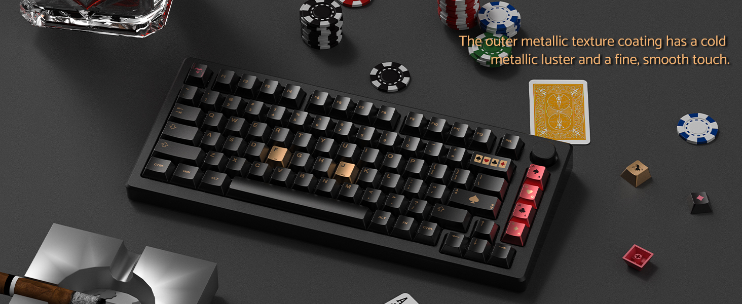 PBT Keycaps with Metal Paint Poker Theme,Black/Gold/Red Custom Keycap Set dye Sub Cherry Profile