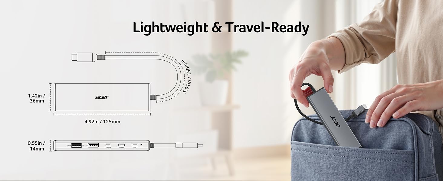 Text reads 'Lightweight &amp; Travel-Ready'. Hands holding dark gray fabric bag with folding diagram showing compact storage.