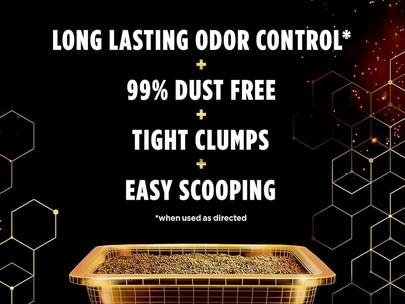 Long lasting odor control, 99 point 9 percent dust less, tight clumps and easy scooping.