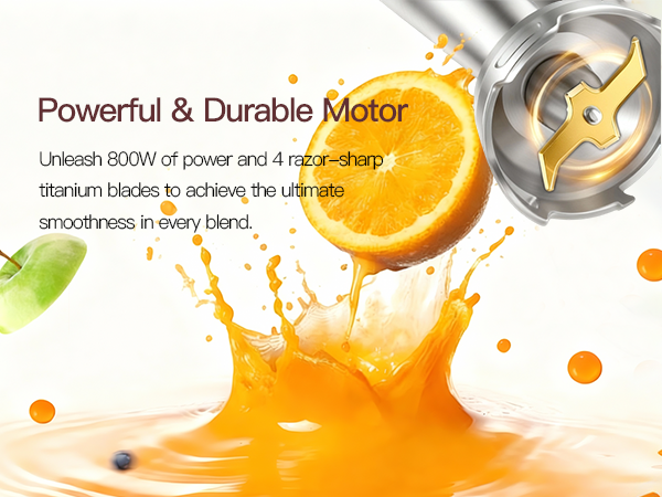 Text reads 'Powerful &amp; Durable Motor'. Product advertisement showing dynamic orange splashes and metallic components suggesting power and energy.