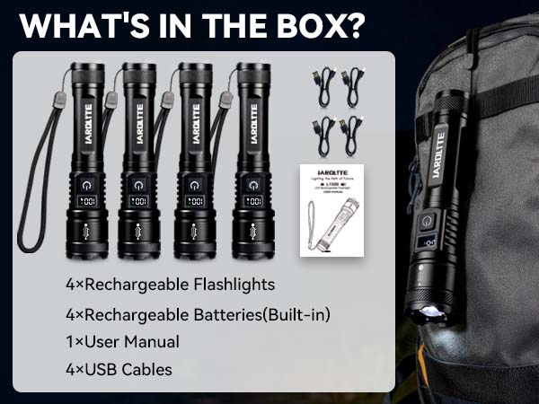 box includes 3 rechargeable flahshlights with batteries, 3 usb-c cables and 1 user manual