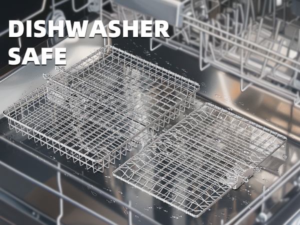 Text reads 'DISHWASHER SAFE'. Interior view of empty dishwasher with metal racks and baskets.