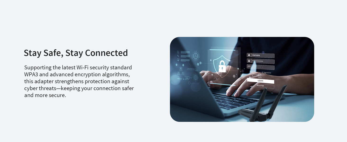 Man Using Laptop with the USB WiFi Adapter Overlaid with a Lock Symbol to Show WPA3 Encryption