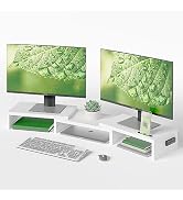 BONTEC Dual Monitor Stand Riser with Smartphone Holder, Adjustable Length &amp; Swivel Angle Wooden D...