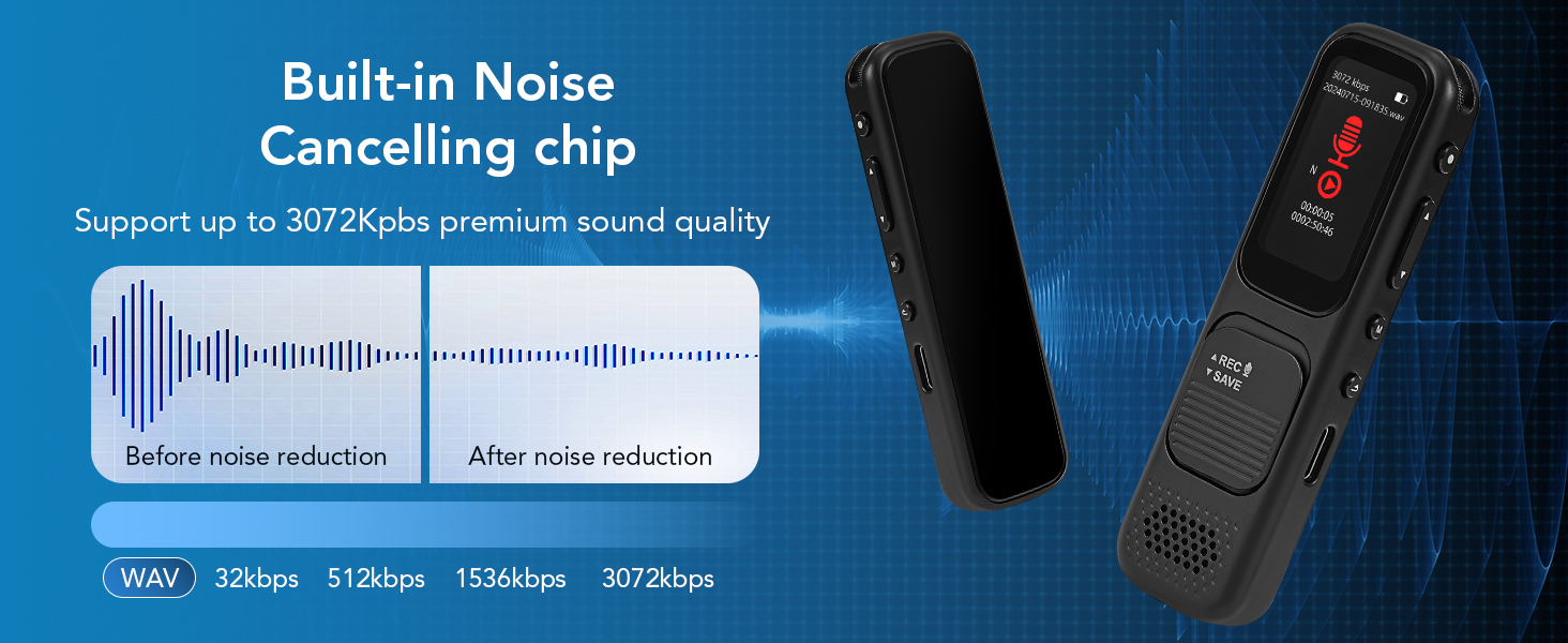 3072Kpbs HD Dual Microphone Tape Voice Recorder with Noise Reduction