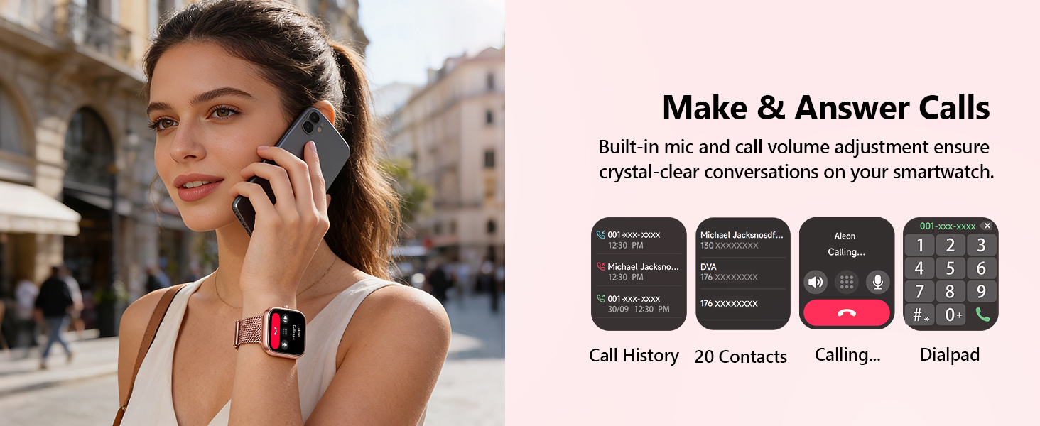 Text reads 'Make &amp; Answer Calls' with smartphone interface mockups showing call functions: 'Call History', 'All Contacts', 'Calling', 'Missed'