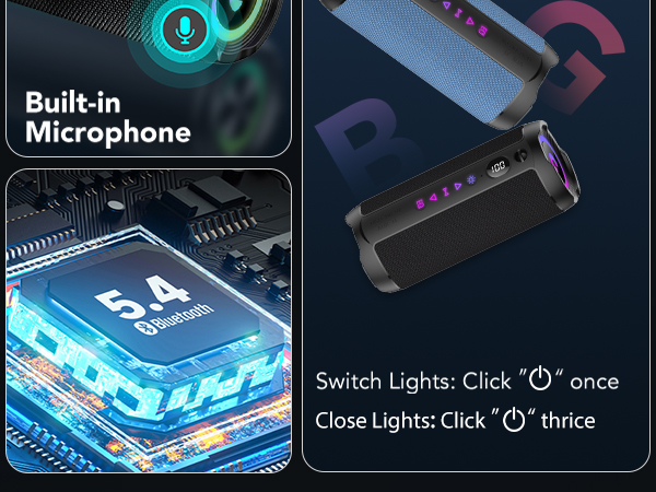 Text reads 'Built-in Microphone', 'Switch Lights: Click 'O' once', 'Close Lights: Click 'O' twice'. Series of product interface screenshots showing lighting control and microphone features on a device.