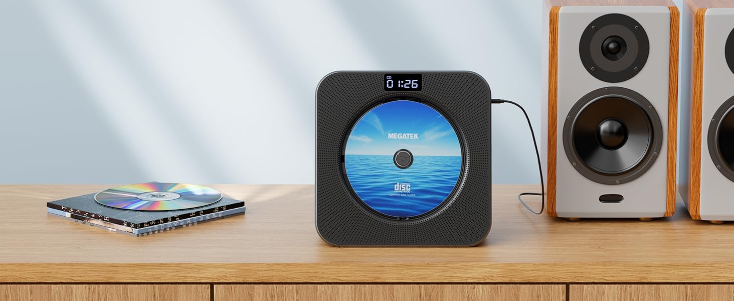 MEGATEK CP28BR Portable CD Player with Line Out Jack is Connected with a Powered Speaker System