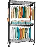 FUTASSI P1 Heavy Duty Garment Rack, 3 Tiers Adjustable Rolling Metal Closet Organizer with Lockab...