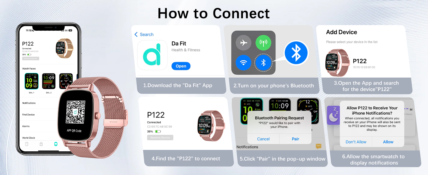 Text reads 'How to Connect'. Multiple smartphone interface screenshots showing pairing process for a smartwatch, displaying connection steps and Bluetooth settings.