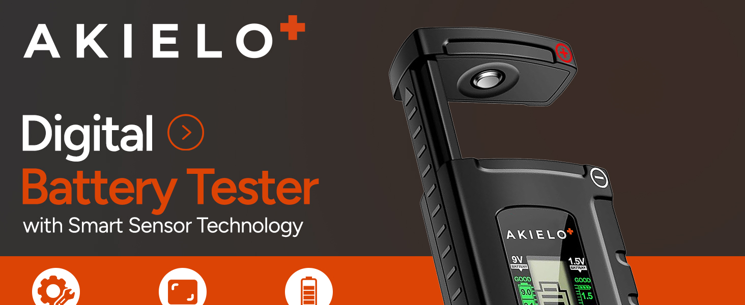 Text reads 'AKIELO+ Digital Battery Tester with Smart Sensor Technology'. Black handheld battery testing device with digital display screen and indicator lights.