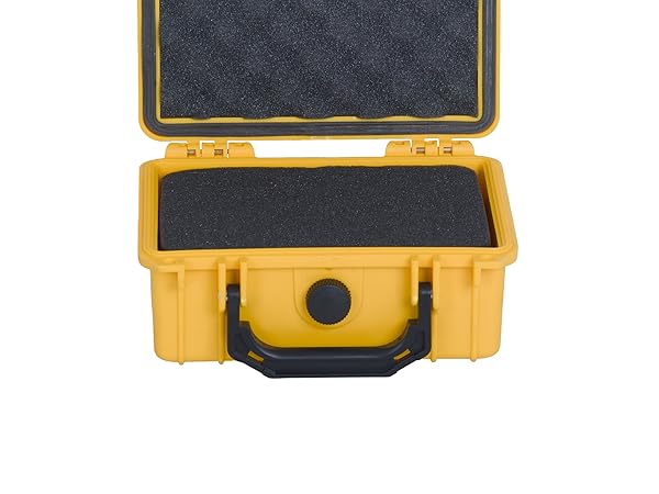 the tool box is made of plastic and has a yellow interior.