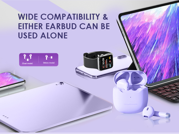 WIDE COMPATIBILITY &amp;amp;EITHER EARBUD CAN BE USED ALONE