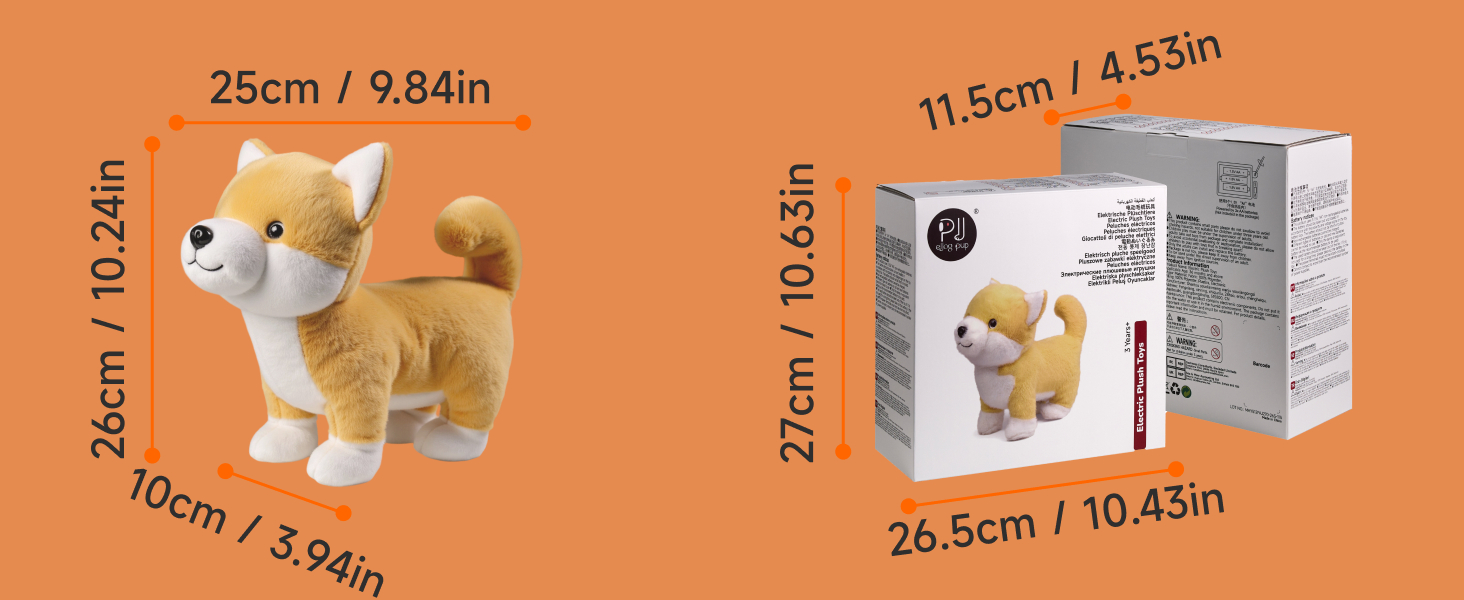 Product dimensions diagram showing measurements of 25cm/9.84in, 11.5cm/4.55in, and 26.5cm/10.43in with images of a plush toy dog and product packaging on orange background.